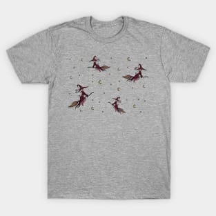 Flying witch on a broomstick with crescent moons and stars autumn halloween spooky pattern T-Shirt